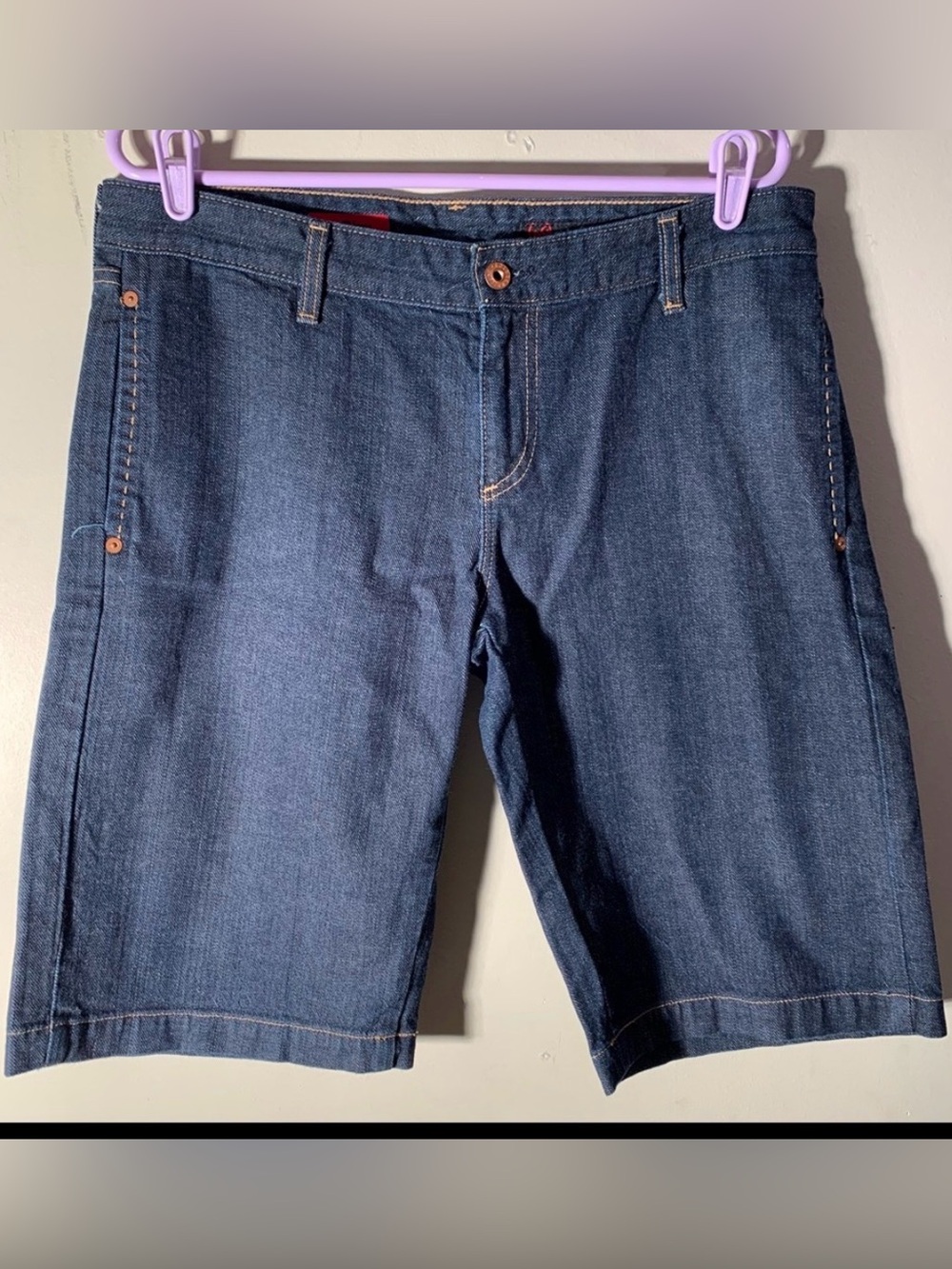 AG The Dione Bermuda Denim Shorts Dark Wash Embroidered Pockets